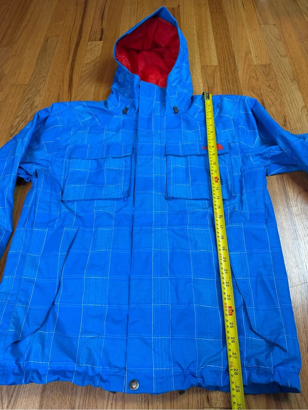 The North Face HyVent Blue Plaid Jacket Mens M Hooded Full Zip Snowboard Ski Sno